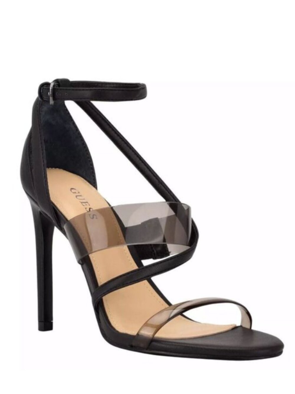 GUESS Women's Black Felicia Transparent Ankle-Strap Heels Sandals 8.5